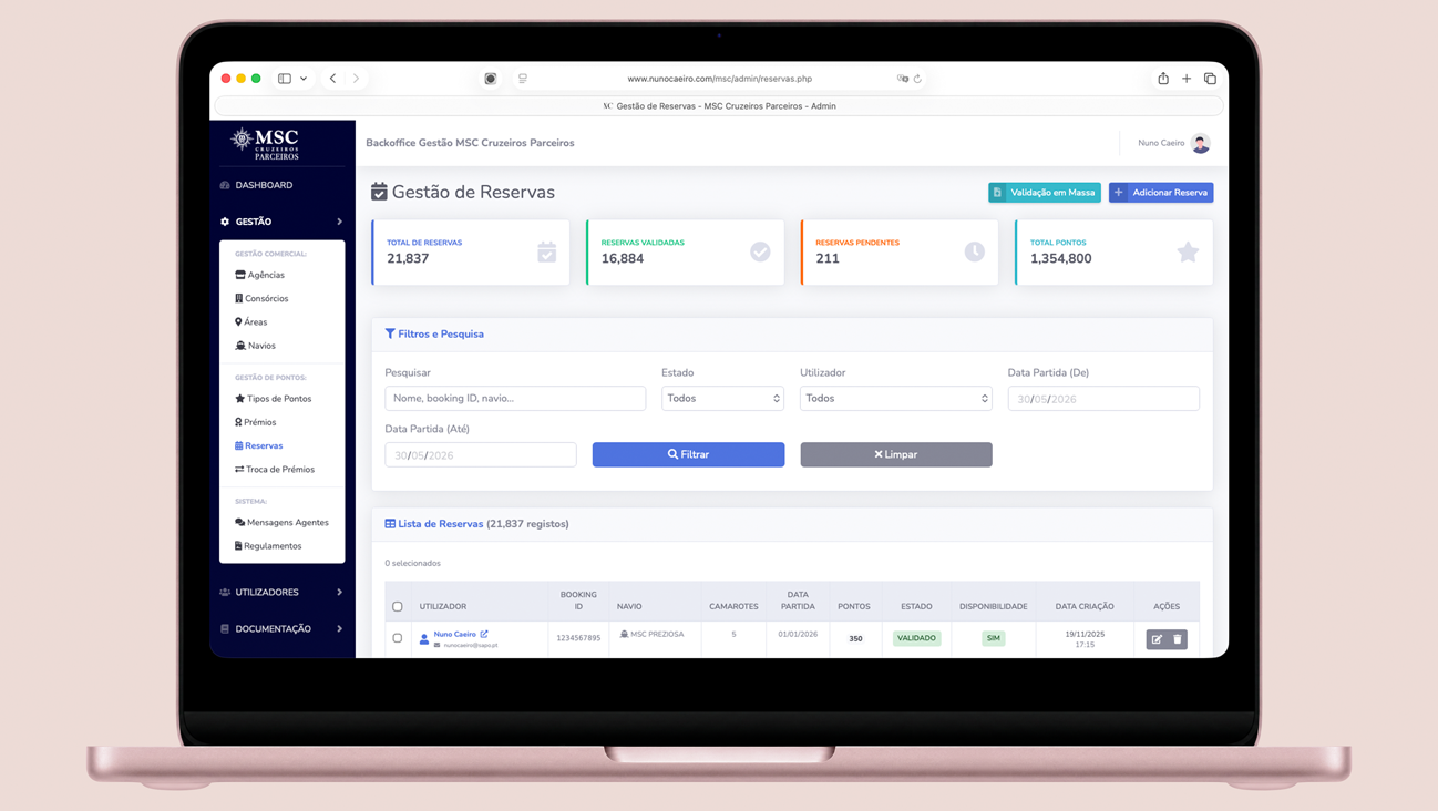 MSC Cruises partner portal — rewards tracking