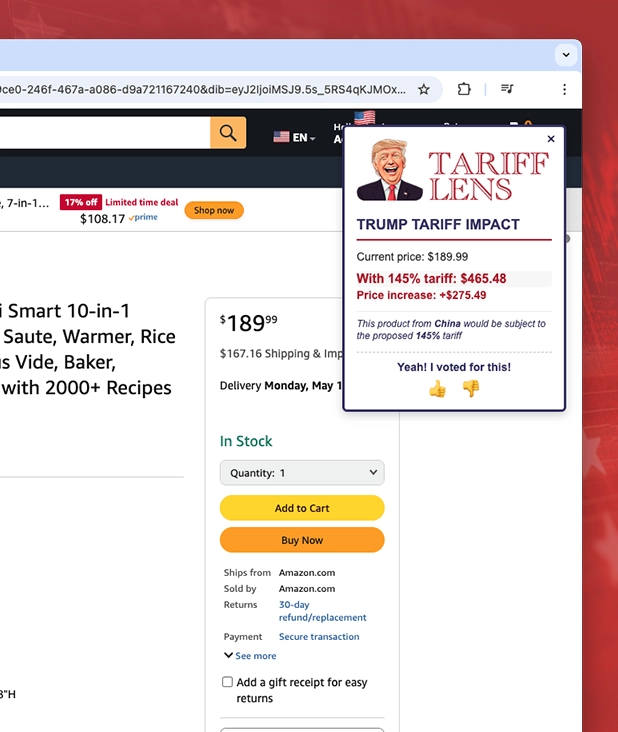 Tariff Lens — tariff price overlay on Amazon product page