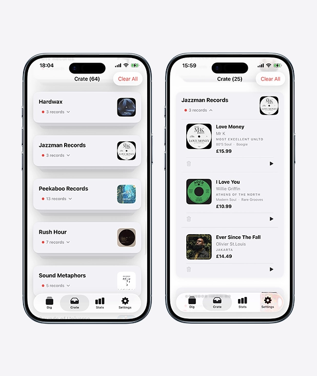 VinylSwiper iOS app — discovery screen
