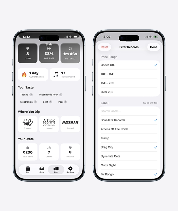 VinylSwiper iOS app — record detail screen